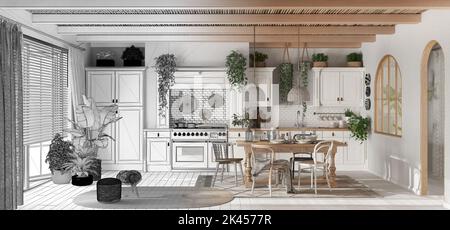 Architetto Interior designer Concept: Progetto disegnato a mano incompiuto che diventa reale, vista panoramica della cucina contemporanea in legno. Scandinavia Foto Stock