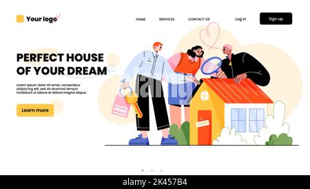 Casa perfetta del vostro landing page di sogno. Concetto di ricerca immobiliare. Agente con tasti mostra cottage per coppia con lente di ingrandimento. La gente sceglie Illustrazione Vettoriale