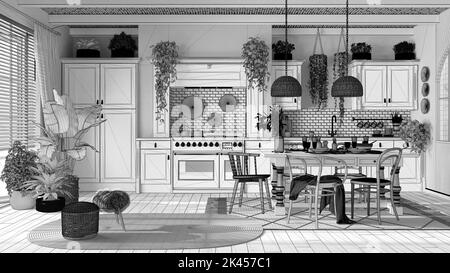 Progetto BluePrint infinito, paese di legno kitchen.Dining tavolo, moquette e elettrodomestici. Design d'interni scandinavo boho Foto Stock