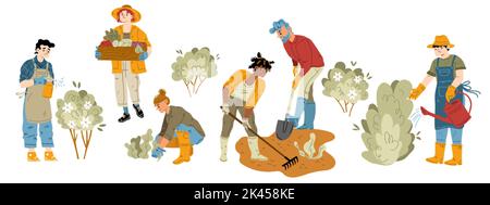 Hobby giardinaggio, set di lavori agricoli. Personaggi che lavorano in giardino. Uomini e donne che raccolgono, piantano e si prendono cura di piante, rastrellando terreno, annaffiando e fe Illustrazione Vettoriale