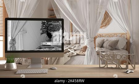 Progetto architetto designer concept, tavolo in legno con chiavi, lettere da camera e desktop con bozzetto CAD BluePrint, sformo sfocato sul retro Foto Stock