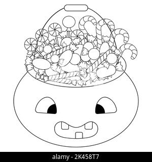 Una pentola con dolci. Secchio a forma di zucca. Trucco o trattare. Raccolta di illustrazioni vettoriali. Contorno su sfondo bianco isolato. Stile Doodle. Illustrazione Vettoriale