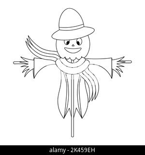 Cavecrow. Spaventare uccelli via. Zucca sulla testa. Espressione sorridente del viso. Scarecrow in stracci, cappello e sciarpa. Illustrazione vettoriale. Illustrazione Vettoriale
