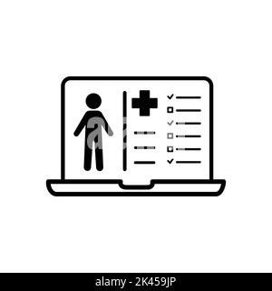 Cartella clinica medica sullo schermo dell'icona del portatile isolata su sfondo bianco. Modulo di assicurazione sanitaria. Documentare la cartella clinica, la prescrizione medica Illustrazione Vettoriale