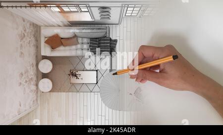 Architetto interior designer concetto: Disegno a mano un progetto di interior design mentre lo spazio diventa reale, bohémien soggiorno in legno con divano in boh Foto Stock