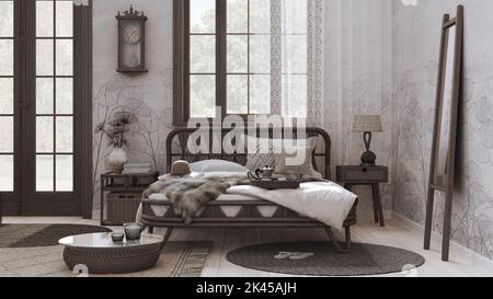 Camera da letto boho chic casale con letto matrimoniale e mobili in rattan. Tappeti in iuta e decorazioni in tonalità bianche e scure. Carta da parati Country, interni bohémien Foto Stock