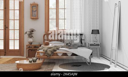 Architetto Interior designer concetto: Progetto disegnato a mano non finito che diventa reale, boho elegante casa colonica camera da letto con letto matrimoniale e pelliccia di rattan Foto Stock