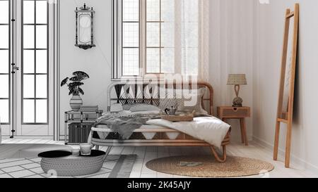 Architetto Interior designer concetto: Progetto disegnato a mano non finito che diventa reale, boho elegante casa colonica camera da letto con letto matrimoniale e pelliccia di rattan Foto Stock