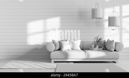 Progetto bianco totale, soggiorno wabi sabi con spazio copia. Divano in legno e tessuto con lampade a sospensione. Design d'interni in stile giapponese Foto Stock