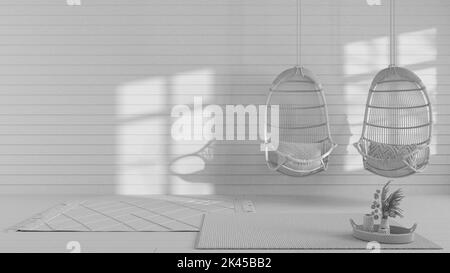 Progetto bianco totale, design degli interni in stile giapponese, soggiorno wabi sabi, mockup da parete, sedie appese in rattan con decorazioni Foto Stock