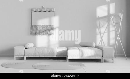 Progetto bianco totale, soggiorno wabi sabi con parete in gesso. Divano in tessuto minimalista e pareti in macrame. Interni in stile giapponese Foto Stock