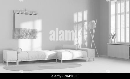 Progetto totale bianco, soggiorno japandi con parete in gesso decorata. Divano in tessuto minimalista e pareti in macrame. Interni Wabi sabi Foto Stock