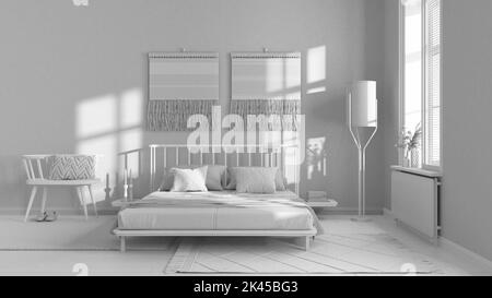 Progetto totale bianco, camera da letto wabi sabi con pareti in macrame e carta da parati. Mobili in legno, tappeti e letto matrimoniale. Design d'interni in stile giapponese Foto Stock