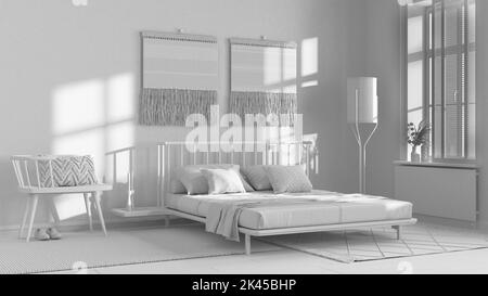 Progetto totale bianco, camera da letto japandi con pareti in macrame art. Mobili in legno, tappeti e letto matrimoniale. Interni Wabi sabi Foto Stock