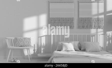 Progetto totale bianco, camera da letto wabi sabi con pareti in macrame e carta da parati. Mobili in legno, tappeti e letto matrimoniale. Design d'interni in stile giapponese Foto Stock
