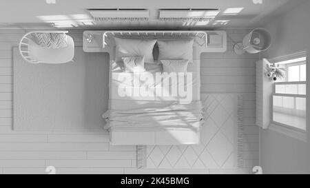 Progetto totale bianco, camera da letto wabi sabi con pareti in macrame e carta da parati. Mobili in legno, tappeti e letto matrimoniale. Vista dall'alto, pianta, sopra. Jap Foto Stock