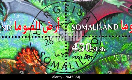 MOSCA, RUSSIA - 17 GIUGNO 2022: Francobollo stampato in Somaliland mostra Dinosaurs serie, datato 2017 Foto Stock
