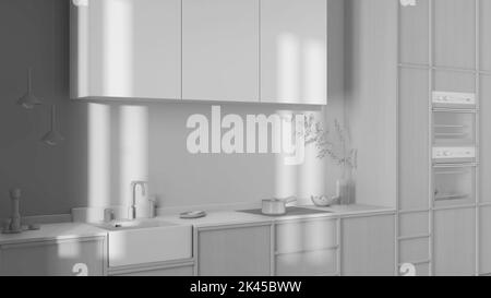 Progetto totale bianco, japandi cucina in legno alla moda. Armadietti in legno, carta da parati contemporanea e piano in marmo. Interni Wabi sabi Foto Stock