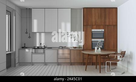 Architetto Interior designer Concept: Progetto disegnato a mano incompiuto che diventa reale, japandi trendy cucina in legno e sala da pranzo. Cabi in legno Foto Stock