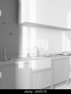 Progetto totale bianco, japandi cucina in legno alla moda. Armadietti in legno, carta da parati contemporanea e piano in marmo. Wabi sabi, interni minimalisti Foto Stock