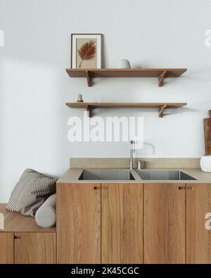 Primo piano della cucina giapponese nei toni del bianco e del beige. Armadi, ripiani e panca in legno con cuscini. Casa colonica design minimalista interni Foto Stock