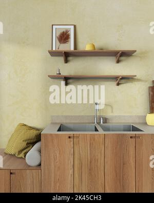 Primo piano della cucina giapponese nei toni del bianco e del giallo. Carta da parati, armadi in legno, ripiani e panca con cuscini. Casa colonica design minimalista interni Foto Stock