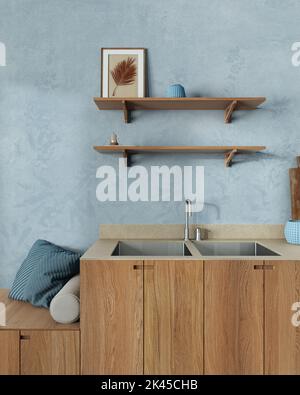 Primo piano della cucina giapponese nei toni del bianco e del blu. Carta da parati, armadi in legno, ripiani e panca con cuscini. Casa colonica design minimalista interni Foto Stock