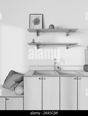 Progetto progetto BluePrint incompleto, primo piano della cucina japandi. Armadi, ripiani e panca in legno con cuscini. Casa colonica design minimalista interni Foto Stock