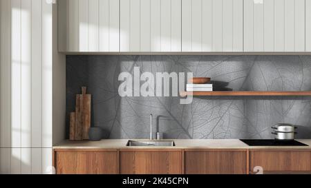 Primo piano della cucina in legno giapponese nei toni del bianco e del grigio. Armadietti moderni, carta da parati, scaffale con decorazioni e lavandino. Interni dal design minimalista Foto Stock