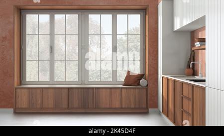 Cucina moderna e accogliente e grande finestra con panca in tonalità bianche e arancioni. Carta da parati e pavimento in cemento. Interni dal design minimalista in japandi Foto Stock