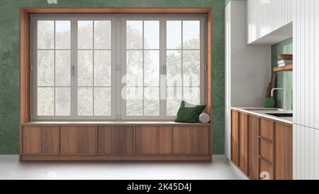 Cucina moderna e accogliente e grande finestra con panca nei toni del bianco e del verde. Carta da parati e pavimento in cemento. Interni dal design minimalista in japandi Foto Stock