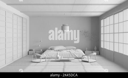 Progetto bianco totale, camera da letto minimalista, stile giapponese. Letto matrimoniale, tappetini tatami, spazio zen meditazione. Design d'interni in stile giapponese Foto Stock