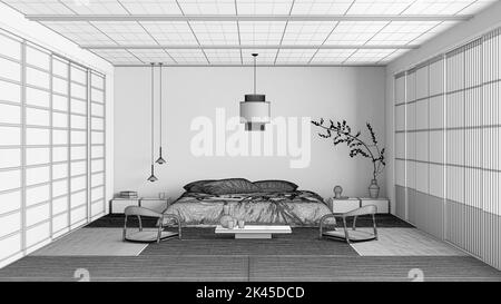 Progetto progetto BluePrint infinito, camera da letto minimalista, stile giapponese. Letto matrimoniale, tappetini tatami, spazio zen meditazione. Design d'interni in stile giapponese Foto Stock