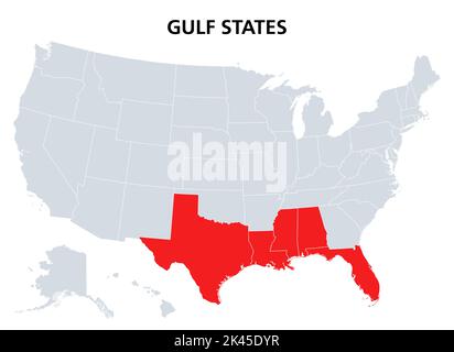 Stati del Golfo degli Stati Uniti, mappa politica. Gulf South, dove Texas, Louisiana, Mississippi, Alabama e Florida incontrano il Golfo del Messico. Foto Stock