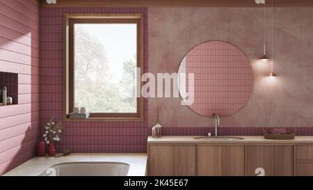 Wabi sabi, bagno in japandi nei toni del rosso e del beige, vasca in marmo e lavabo in legno. Design interno casale Foto Stock