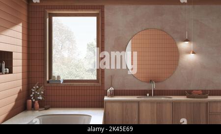 Wabi sabi, bagno japandi in tonalità arancio e beige, vasca in marmo e lavabo in legno. Design interno casale Foto Stock