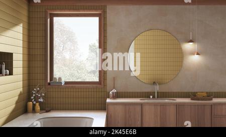 Wabi sabi, bagno in japandi nei toni del giallo e del beige, vasca in marmo e lavabo in legno. Design interno casale Foto Stock