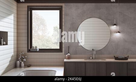 Wabi sabi, bagno in japandi dai toni scuri e beige, vasca in marmo e lavabo in legno. Design interno casale Foto Stock