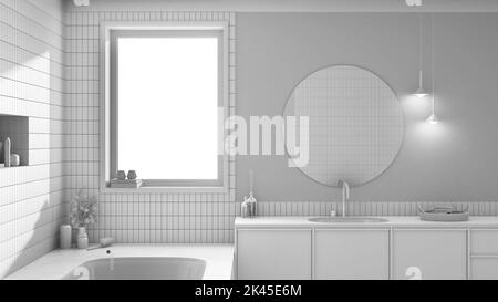 Progetto bianco totale, wabi sabi, bagno japandi. Vasca da bagno in marmo e lavabo in legno sbiancato. Design interno casale Foto Stock