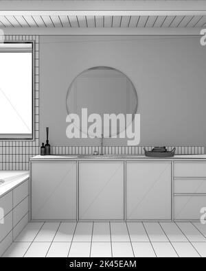 Progetto progetto BluePrint incompiuto, bagno japandi minimalista. Lavabo in marmo e legno, specchio e vasca da bagno. Design interno casale Foto Stock