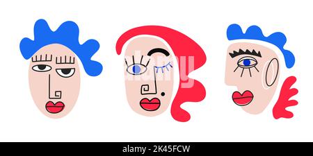 Cubism Comic Abstract Woman Face Set Illustrazione Vettoriale
