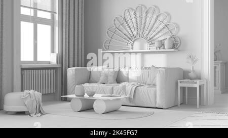 Progetto bianco totale, soggiorno bohémien in legno. Divano, tappeto di iuta e decorazioni. Design degli interni in stile boho Foto Stock