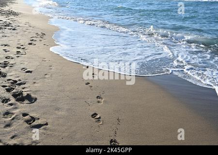 Spiaggia di sabbia con impronte sulla sabbia bagnata. Foto Stock