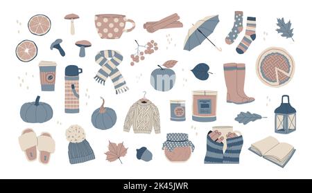 Grande set di elementi di design autunnali. Un maglione a maglia, un cappello con un pom-pom, un vasetto di marmellata, un ombrello aperto e stivali di gomma. Vettore trendy Illustrazione Vettoriale