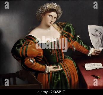 Ritratto di una donna ispirata a Lucrezia del pittore italiano Lorenzo Lotto alla National Gallery, Londra, Regno Unito Foto Stock