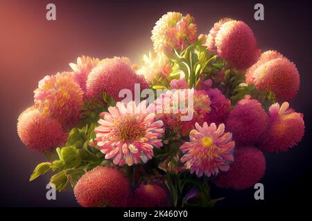 Bouquet di bei crisantemi rosa. 3D Illustrazione digitale. Foto Stock