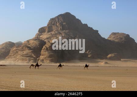 Amman, Giordania. 30th Set, 2022. I camel trainer e i loro cammelli sono visti nel deserto di Wadi Rum, Giordania, 30 settembre 2022. Un festival di corsa dei cammelli ha preso il via venerdì nel deserto di Wadi Rum in Giordania, con oltre 500 cammelli che partecipano alla gara. Credit: Mohammad Abu Ghosh/Xinhua/Alamy Live News Foto Stock