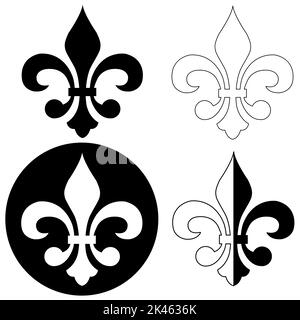 icona araldica fleur de lis su sfondo bianco. silhouette nere di fiori di giglio (fleur-de-lis). stile piatto. Foto Stock