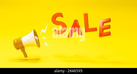 megafono con testo di vendita su sfondo giallo. Marketing vendita tempo concetto, realistico 3D megafone, altoparlante con fulmini. rendering 3d Foto Stock
