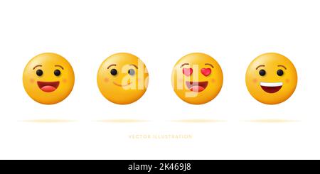Set di icone felici emozione. Emoticon gialle. Illustrazione vettoriale in stile cartone animato 3D Illustrazione Vettoriale